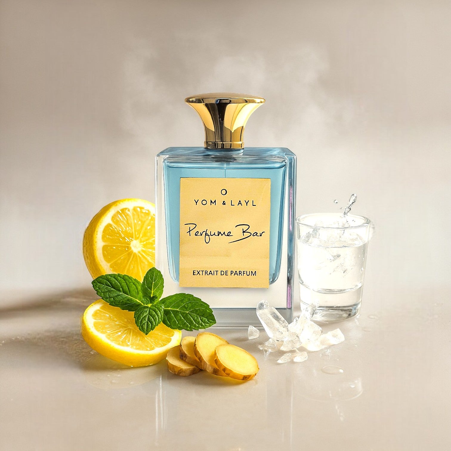 Perfume bottle with lemon slices and a glass of water on a neutral background